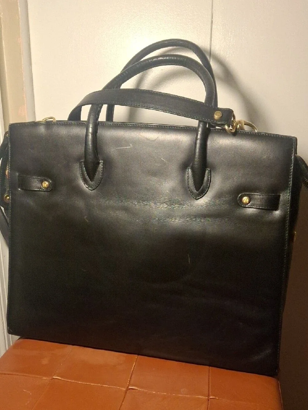 Black Leather Briefcase with Top Handle and Shoulder Strap